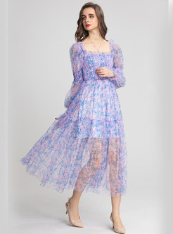 Square Neck Puff Sleeve Printed Mesh Pleated Long Dresses