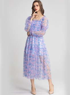 Square Neck Puff Sleeve Printed Mesh Pleated Long Dresses