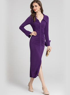 V-Neck Long Sleeve Pleated Front Bodycon Long Dresses