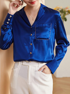 Women's Commuter Notched Collar Satin Shirts And Blouses
