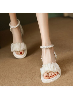 Mesh Pleated Pearl Decoration Womens Sandals