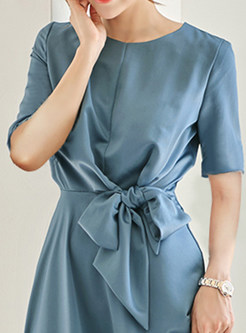 Short Sleeve Tie Waist Solid Color Cotton Midi Dresses