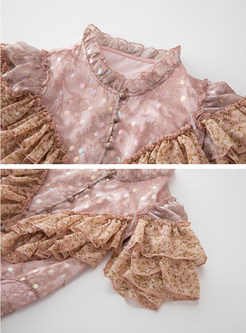 Mock Neck Ruffles Lace Patch Asymmetrical Peplum Dresses