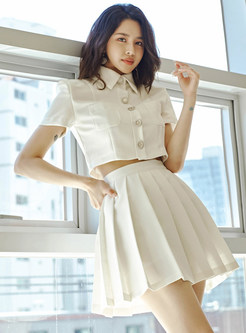 Petite Fitted Shirt Collar Girls Tops & Pleated Mini Skirts Sets