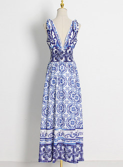 V-Neck Vintage Printed Summer Beach Long Dresses