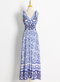 V-Neck Vintage Printed Summer Beach Long Dresses