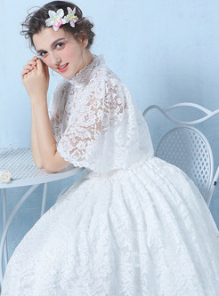 Mock Neck Flutter Sleeve Lace Detail Princess Wedding Gown