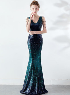 Deep V-Neck Gradient Sequin Mermaid Floor Length Prom Dresses