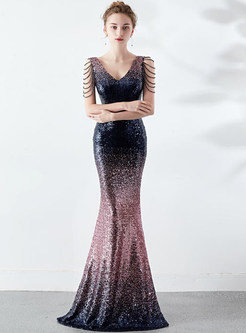 Deep V-Neck Gradient Sequin Mermaid Floor Length Prom Dresses