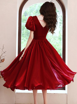 Puff Sleeve Wrap Front Fashion Swing Prom & Dance Dresses