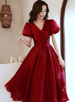 Puff Sleeve Wrap Front Fashion Swing Prom & Dance Dresses