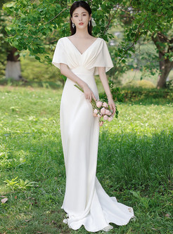 V-Neck High Waisted Flutter Sleeve Train Simple Wedding Dresses