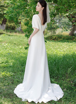V-Neck High Waisted Flutter Sleeve Train Simple Wedding Dresses