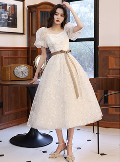 Petite Fitted Puff Sleeve Crochet Sequin Princess Wedding Gown