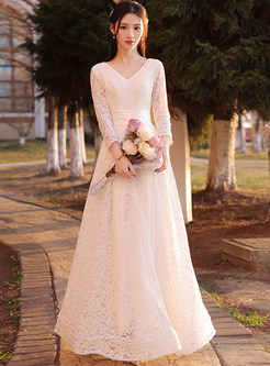 Long Sleeve Lace Detail Splicing Solid Color Simple Wedding Dresses