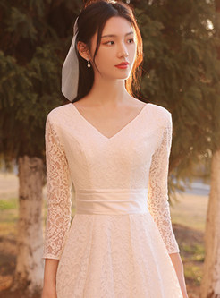Long Sleeve Lace Detail Splicing Solid Color Simple Wedding Dresses
