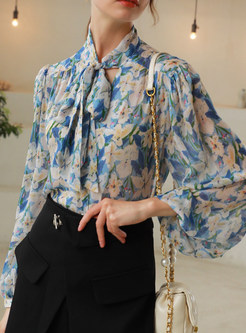 Puff Sleeve All Over Print Tie Neck Women's Shirts And Blouses