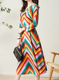 Half Sleeve Colorful Striped Sweet Skater Dresses