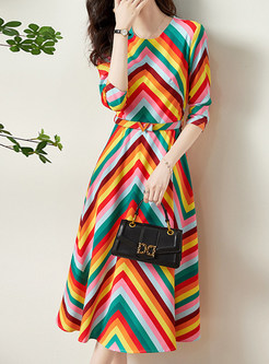Half Sleeve Colorful Striped Sweet Skater Dresses