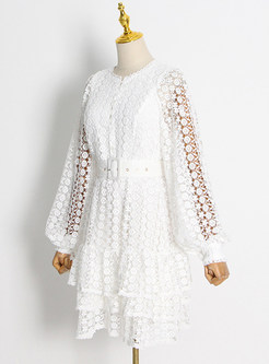 Petite Embroidered Openwork Mini Dresses With Belt