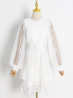 Petite Embroidered Openwork Mini Dresses With Belt