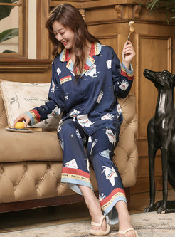 Satin Printed Long Sleeve Pajama Sets For Women