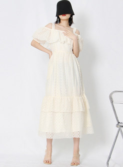 Off-The-Shoulder Ruffles Openwork Pleated Layer Frill Dresses