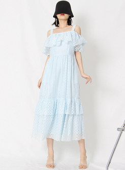 Off-The-Shoulder Ruffles Openwork Pleated Layer Frill Dresses