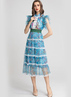 Mock Neck Lace Patch Blurred Floral Princess Midi Dresses