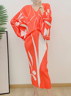 V-Neck Batwing Sleeve Oversize Printed Long Dresses