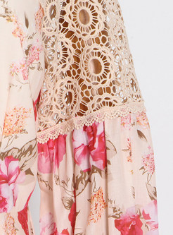 Mock Neck Lace Detail Patch Printed Beach Dresses