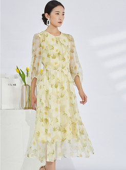 Half Sleeve Silk Allover Print Midi Dresses