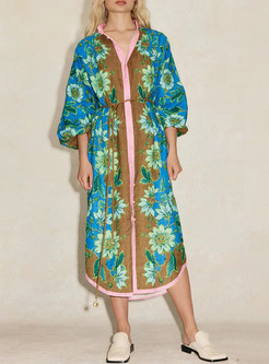 Single-Breasted Floral Print Tie Waist Boho Dresses