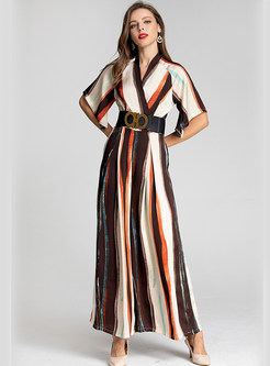 Womens V-Neck Colorful Striped Wide Leg Playsuit