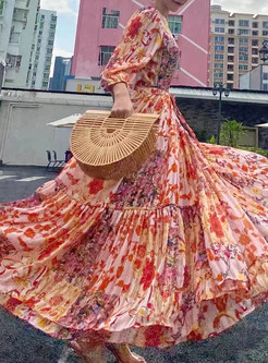 Bohemian V-Neck Lantern Sleeve Big Hem Floral Long Dresses