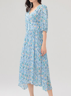 V-Neck Smocked Ruffy Sleeve Floral Print Silk Dresses