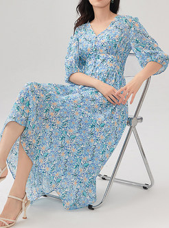 V-Neck Smocked Ruffy Sleeve Floral Print Silk Dresses