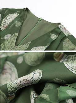 Vintage Tie Waist Flutter Printed Midi Dresses