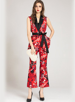 Sleeveless Notched Collar All Over Print Ladies Dress Pant Suits