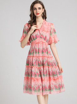 V-Neck High Waisted Printed Summer Dresses