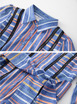 Shirt Collar Colorful Striped Tie Waist Long Dresses