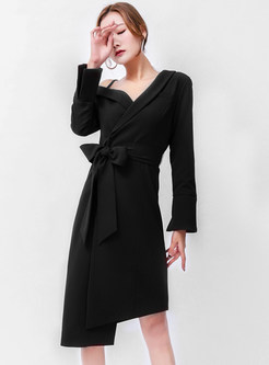 One Shoulder Long Sleeve Sexy Tie Waist Office Dresses