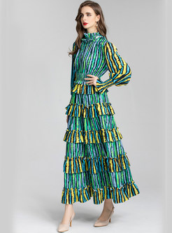 Mock Neck Pleated Colorful Striped Lantern Sleeve Long Dresses