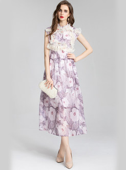 Fashion 3D Flowers Splicing Sleeveless Maxi Dresses