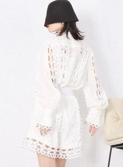 Openwork Embroidered Fashion White Tops & Wide Leg Shorts Sets