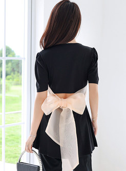 Square Neck Backless Bowknot Patchwork Womens Black Tops
