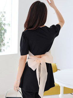 Square Neck Backless Bowknot Patchwork Womens Black Tops