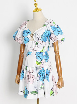 Petite Puff Sleeve Crop Tops & Floral Print Mini Skirts Sets