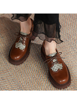 Womens Plaid Patch Genuine Leather Cross Straps Flat Shoes