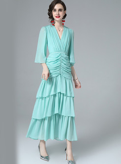 V-Neck Solid Color Flare Sleeve Pleated Tiered Dresses